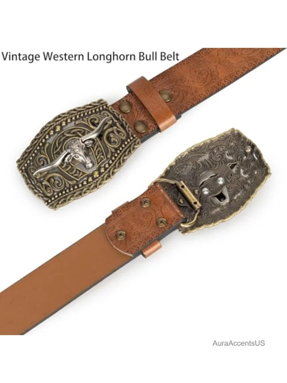 Western PU-Leather Cowboy Buckle Belt with Engraved Floral Longhorn Bull Buckle